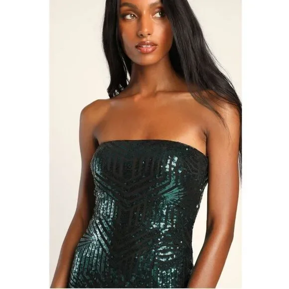 Lulus 'Dazzling Magic' Teal and Black Sequin Strapless Maxi Dress - Picture 3 of 16